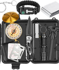 12 In 1 Outdoor Survival Kit showcasing compass, fire starter, flashlight, tungsten pen, keychain light, emergency blanket, wire saw.