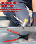 Hands On Sheet Metal Bender Set 2.4 Inch Hand Seamer Pliers with red handles next to a rubber mallet on sheet metal surface