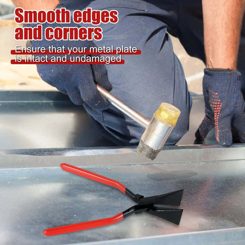 Hands On Sheet Metal Bender Set 2.4 Inch Hand Seamer Pliers with red handles next to a rubber mallet on sheet metal surface