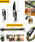 60 In 1 Emergency Survival Gear Kit with folding knife and paracord bracelet featuring compass and whistle for camping and travel.