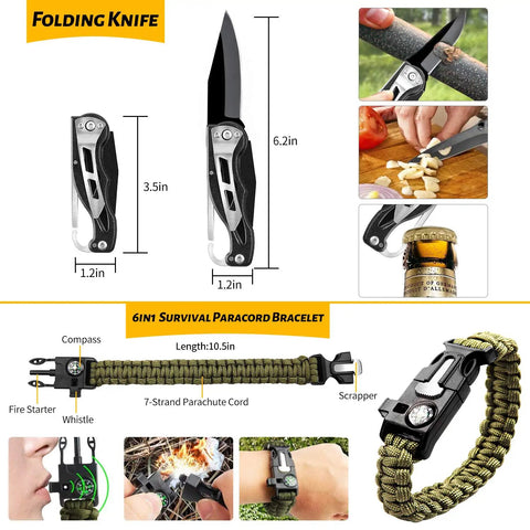 60 In 1 Emergency Survival Gear Kit with folding knife and paracord bracelet featuring compass and whistle for camping and travel.