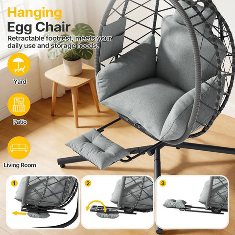 Hanging Egg Chair With Adjustable Footrest And Stand For Indoor And Outdoor Use Wicker Swing Chair With Cushion in Grey
