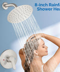 Woman enjoying 8 Inch Round Rain Shower Head Set With Stainless Steel Single Handle Trim Kit, Wall Mount Bath System in use