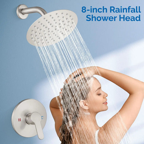 Woman enjoying 8 Inch Round Rain Shower Head Set With Stainless Steel Single Handle Trim Kit, Wall Mount Bath System in use