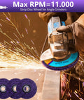 Heavy Duty Strip Discs For Angle Grinder 4-1/2 Inch By 7/8 Inch Silicon Carbide in use stripping metal surface, sparks visible.