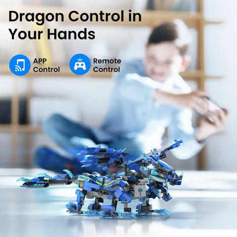 Dragon Building Kit With Remote Control For Kids 8-12 Hands On STEM Toy That Sparks Imagination Build Code And Play With A Dope Flying Dragon Ideal Gift For Birthday Or Holiday. Blue plastic LEGO-style dragon on table with app and remote control