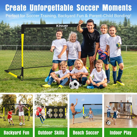 Two 6x4 Ft Portable Soccer Goals For Backyard Play With Detachable Scoring Target, Ball And Pump Included, Training Nets And Easy Fold Design For Kids Ages 3 To 12 in outdoor setup