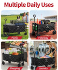 34 Inch Extra Long Foldable Wagon with all terrain wheels used for picnics, field day, shopping, and laundry, showcasing versatility.