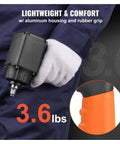 Pneumatic Air Impact Wrench With 3/8 Inch Square Drive And 690 Ft Lbs Of Knuckle Busting Torque Lightweight Aluminum Body 3.6 lbs with rubber grip.