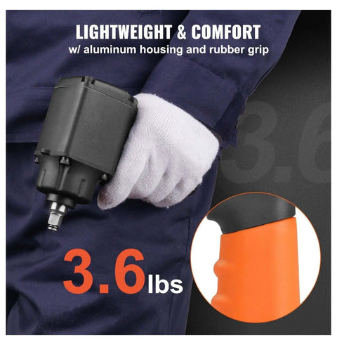 Pneumatic Air Impact Wrench With 3/8 Inch Square Drive And 690 Ft Lbs Of Knuckle Busting Torque Lightweight Aluminum Body 3.6 lbs with rubber grip.