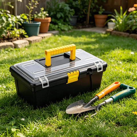 Rugged Outdoor Tool Box With Ergonomic Non Slip Handle, Durable Plastic Storage Case on grass with garden tools next to it