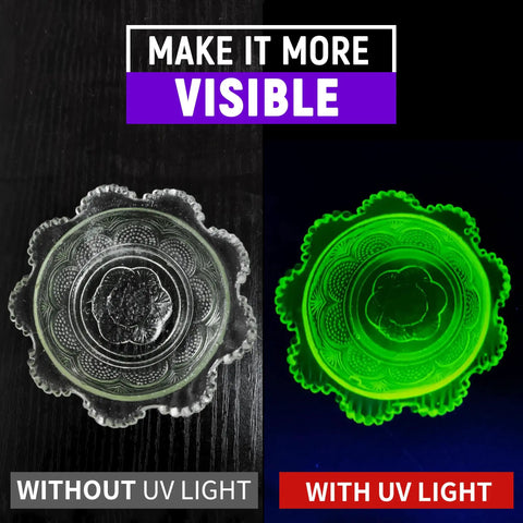 Pocket Sized Tiny But Mighty 395 Nm UV Flashlight showing uranium glass plate glowing under UV light, without and with light.