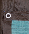 Close-up of Heavy Duty 30 By 50 Ft Pro Grade All Purpose Tarp 5Mil Poly Reversible Waterproof Cover, brown and green corner grommet.