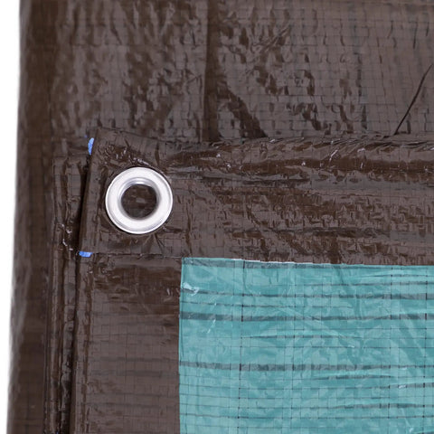 Close-up of Heavy Duty 30 By 50 Ft Pro Grade All Purpose Tarp 5Mil Poly Reversible Waterproof Cover, brown and green corner grommet.