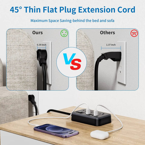 Comparison of angled plug design vs regular plug in image of power strip with 15 ft flat plug for hard to reach outlets