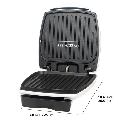 SugarWhisk 1200 Watt Electric Indoor Hamburger Grill Press With Nonstick Plates Panini Maker showing nonstick grill, dimensions, and design.