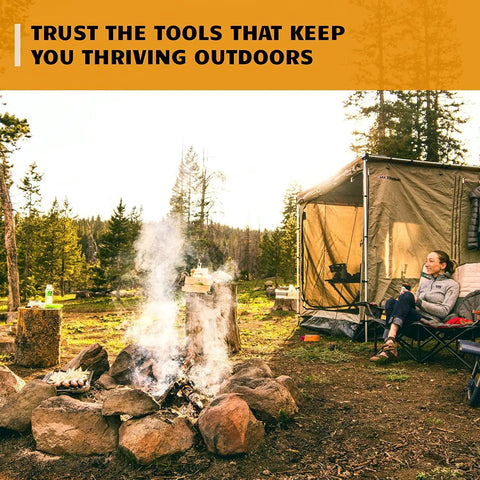 Camping scene with a lit campfire and a person seated next to a tent, using Waxed Jute Tinder Rope Fire Starter Kit.
