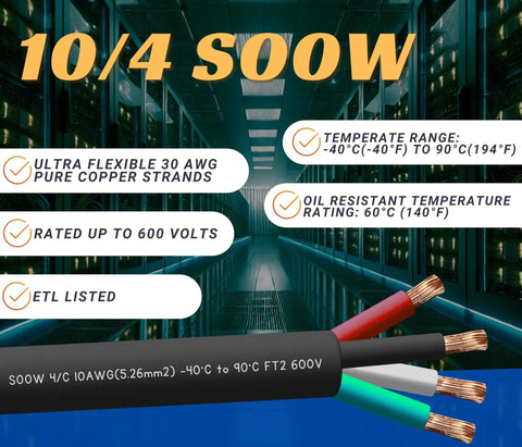 Heavy Duty 10/4 SOOW Cable 20 Feet 10 Gauge Wire Tough As Nails Oil Resist for flexible connections in industrial settings.