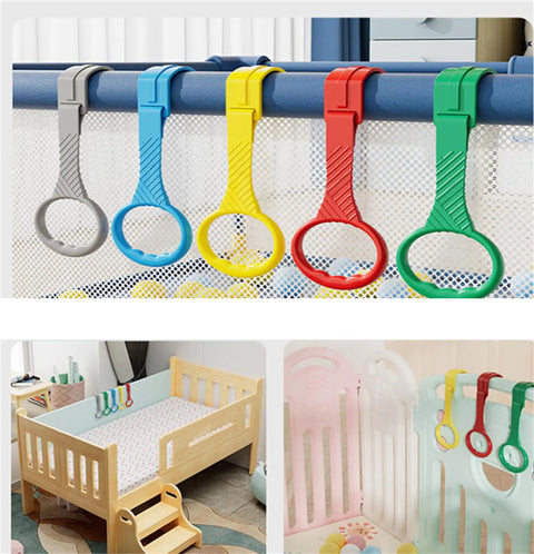 Five Color Baby Walk Assistant Rings for Toddlers Easy Stand Up Practice Tool Plastic Crib Pull Up Rings for Infant Cot Hanging Rings 3.5x7.5 Inches Bright Durable Set clipped on crib rail
