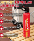 Small Portable Water Based Fire Extinguisher Bundle 21oz Each 6 Pack For Home Kitchen Car And Camping Safety Quick Emergency Response And Reignition Prevention, red extinguisher on a table.