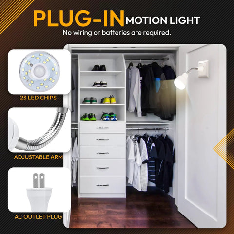 LED Motion Activated Night Light With Rotating Head And Flexible Sensor installed in a closet illuminating the space