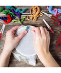 Hands embroidering with threads, showing Sewing Seam Ripper Kit With Two Large And Two Small Rippers, Thread Snips And 5 Inch Scissors.