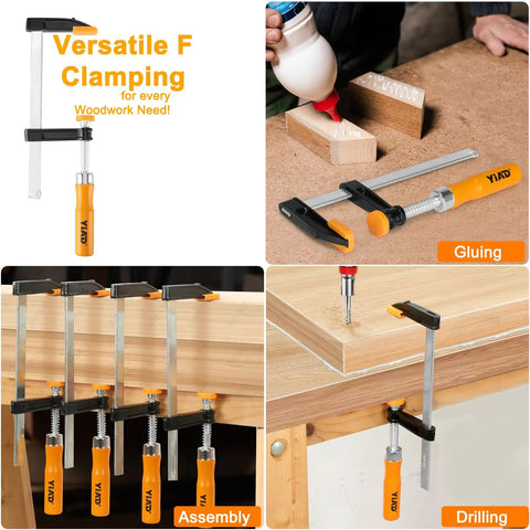 Four Pack 6-Inch Bar Clamps For Woodworking Heavy-Duty Steel F-Clamps With 300 Lb Load And Ergonomic Handles Ideal For Glue-Ups DIY Projects Home Renovations Garage Or Workshop Woodworking, shown for gluing and assembly