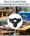 4 Pack 3 Way Workbench Corner Brackets Kit for 4x4 and 2x4 wood shown installed on custom work tables with heavy-duty brackets.