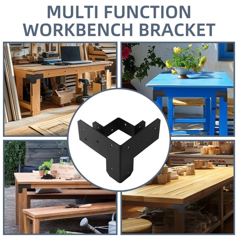 4 Pack 3 Way Workbench Corner Brackets Kit for 4x4 and 2x4 wood shown installed on custom work tables with heavy-duty brackets.