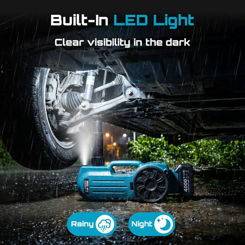 Cordless Electric Car Jack 5 Ton Beast With 21V Battery Hydraulic Lift under car with built-in LED light during rain