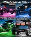 8 Pods RGB LED Rock Lights Kit on Jeep, truck, UTV, and golf cart displaying multicolor underglow for off-road adventures.