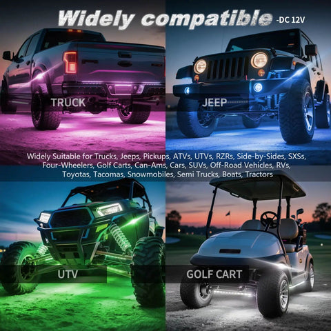 8 Pods RGB LED Rock Lights Kit on Jeep, truck, UTV, and golf cart displaying multicolor underglow for off-road adventures.