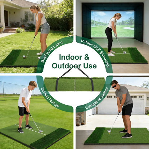 Golfers practicing on 32mm Dual Turf Golf Mat For Indoor Outdoor Practice, 5x4ft mat with realistic turf and standing guide line