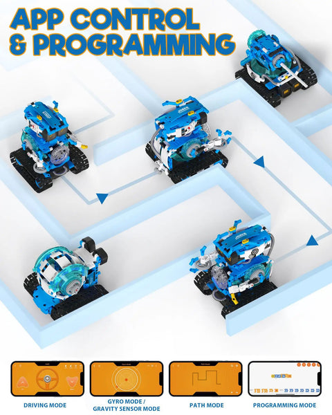 Five In One STEM RC Robot Building Kit With 494 Pieces App Coding Hands On Learning Toy For Ages 8 To 13 AI Interactive Robot With Expressive Eyes And Transformations From Snail To Tank Kid Friendly And Super Cool, five robot modes and app screens
