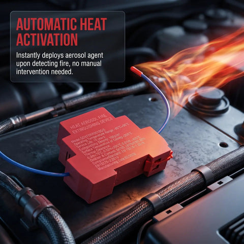 Top Tier Auto Fire Suppressor Dual Nozzle Kit For Electric Panels And Battery Bays Heat Triggered 2 Pack, red unit showing automatic activation.
