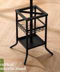 Freestanding Coat Rack With Umbrella Holder Twelve Hooks Three Tier Metal Coat Tree base close-up, black metal stand on wood floor.