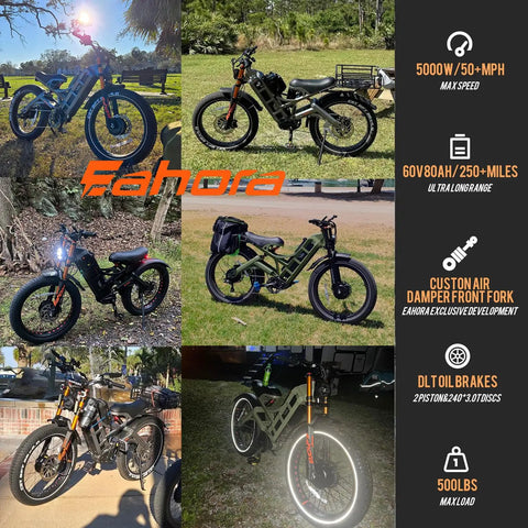 Badass 5600W Dual Motor Electric Bike With 60V 80Ah Battery, 50 MPH Top Speed, 250 Mile Range, 26 Inch Fat Tire Air Full Suspension Off Road Mountain Ebike For Adults showcased in various angles outdoors with different background settings.