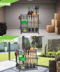Wheeled Garden Tool Organizer with 3-Tier Rack and Extra Storage Basket shown indoors and outdoors.
