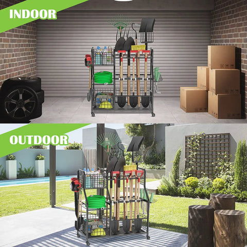 Wheeled Garden Tool Organizer with 3-Tier Rack and Extra Storage Basket shown indoors and outdoors.