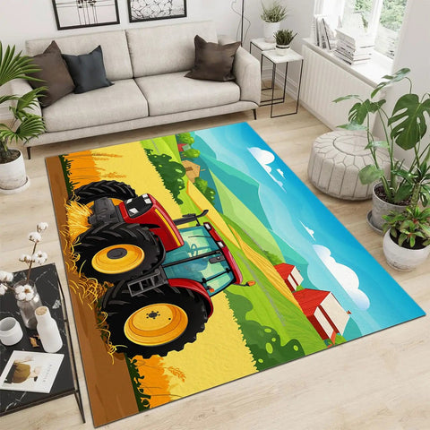 6x9 Ft Cartoon Tractor Farm Rug That Is Machine Washable And Non Slip Low Pile Stain Resistant Area Rug in living room setting