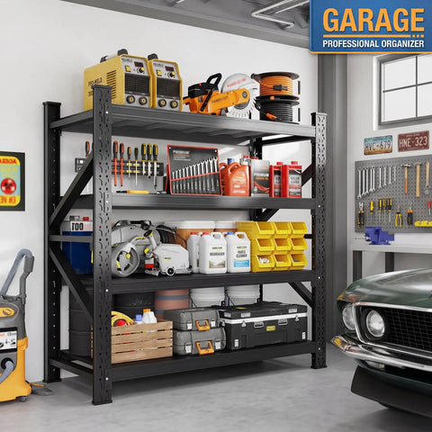 Heavy Duty 4 Tier Metal Garage Storage Shelving Unit With Beefed Up Reinforced Frame For Maximum Stability And High Capacity Organization