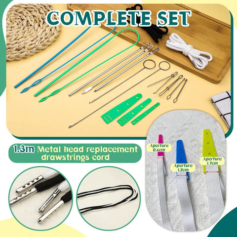 Drawstring Threader Tool Set 16 Piece Kit With Loop Turners Tweezers Elastic Threaders For Jackets Pants Hoodies Sportswear And Hats Pro Grade Durable Tools By Fedmut displayed on a table