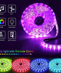 Coiled 50Ft Bluetooth RGB LED Strip Lights For Bedroom With App Control And Remote Music Sync; vibrant colors displayed.