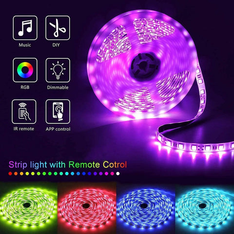 Coiled 50Ft Bluetooth RGB LED Strip Lights For Bedroom With App Control And Remote Music Sync; vibrant colors displayed.