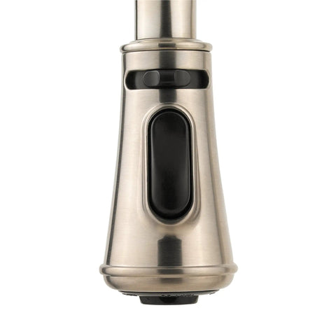 Close-up of Ashfield 1-Handle Pull-Down Kitchen Faucet With Soap Dispenser, Brushed Nickel spray head, ADA Accessible design