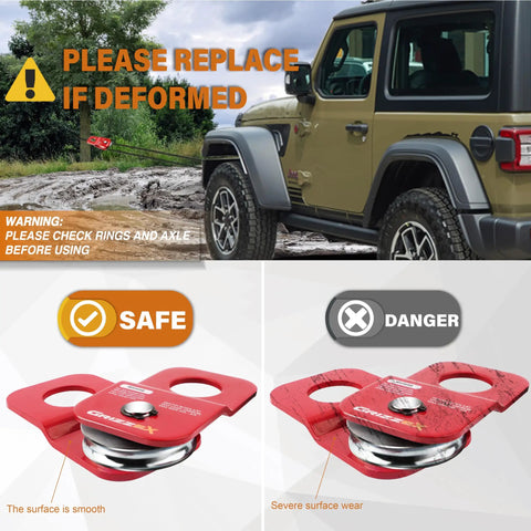 4.8T Heavy Duty Beefed Up Winch Snatch Block For Off Road Recovery, 10,500 Lb Working Load, Compatible With Synthetic Rope Or Steel Cable, Red Recovery Pulley For Tough Trails, red winch snatch block on off-road Jeep recovery scene