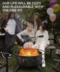 Four people around a 32 Inch Fire Pit With BBQ Grill And Mesh Cover, enjoying outdoor bonfire with balloons and guitar.