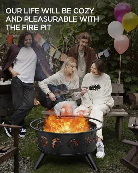 Four people around a 32 Inch Fire Pit With BBQ Grill And Mesh Cover, enjoying outdoor bonfire with balloons and guitar.