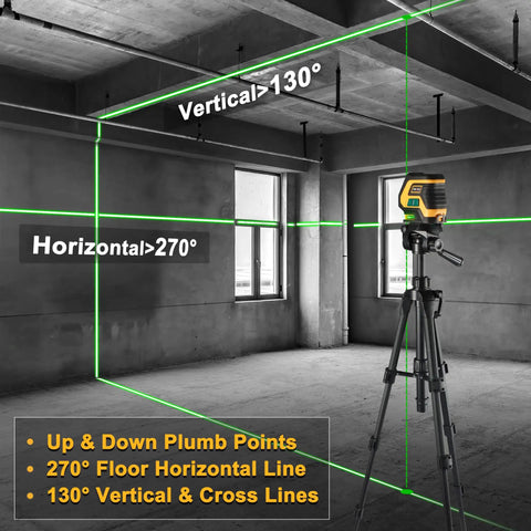 Self Leveling Laser Level With Tripod And 2 Plumb Dots, 100 Ft Cross Line Laser, showing 360 degree beams for installations