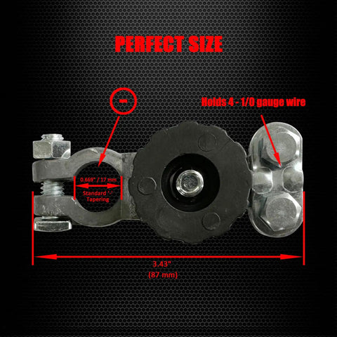 Lead Top Post Battery Terminal Connector With Quick Release Knob For Battery Cable Ends No Fuss Easy Install And Fast Disconnect For Car Battery Ends Now, shown in size and wire capacity detail
